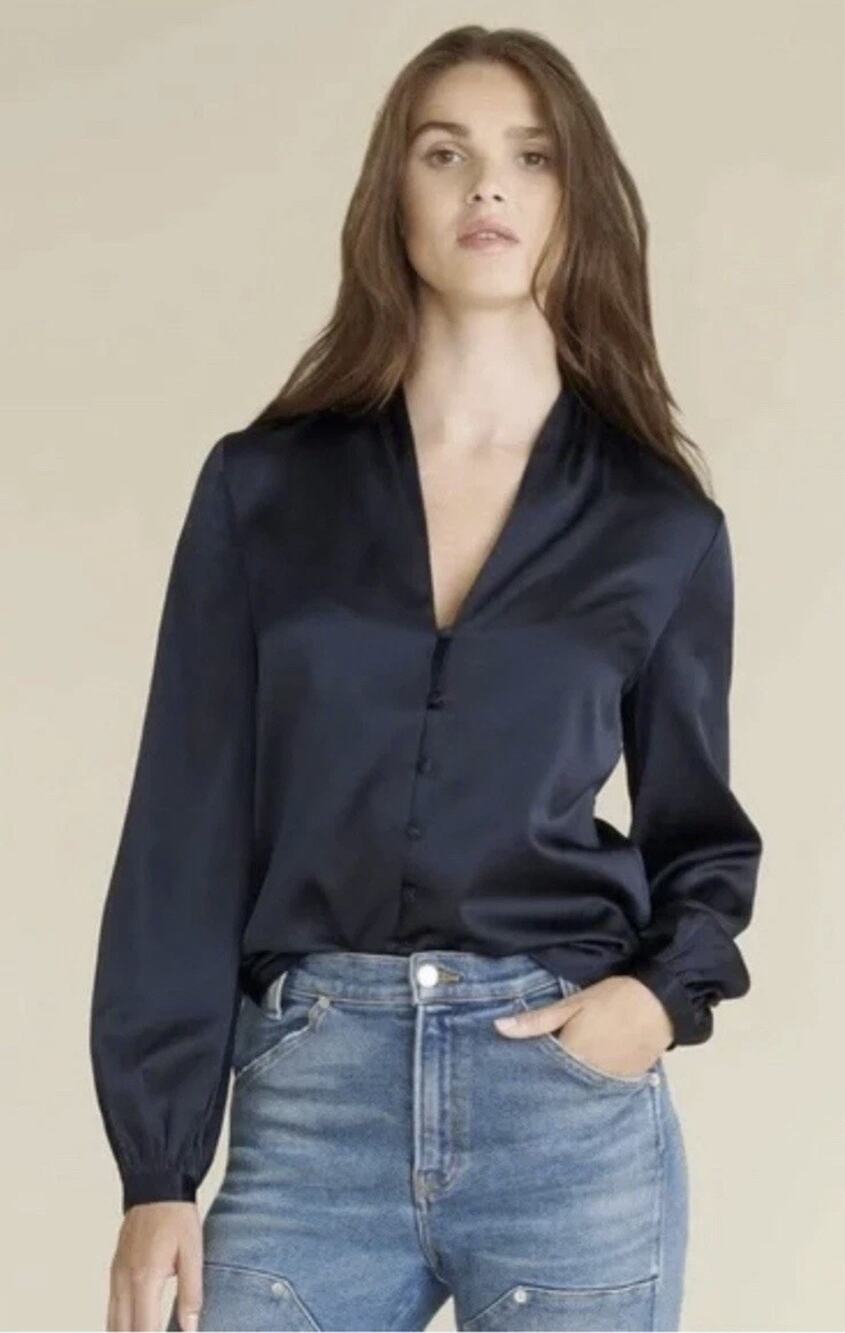 Veronica Beard Valentin Navy Stretch Silk Satin V-Neck Top Sz 8 MSRP $498